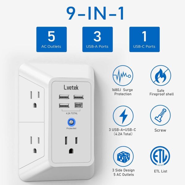 LIMITED TIME DEALS 5 Outlet Extender Multi Plug Wall Outlets with 4 USB Charging  15% OFF - Image 2