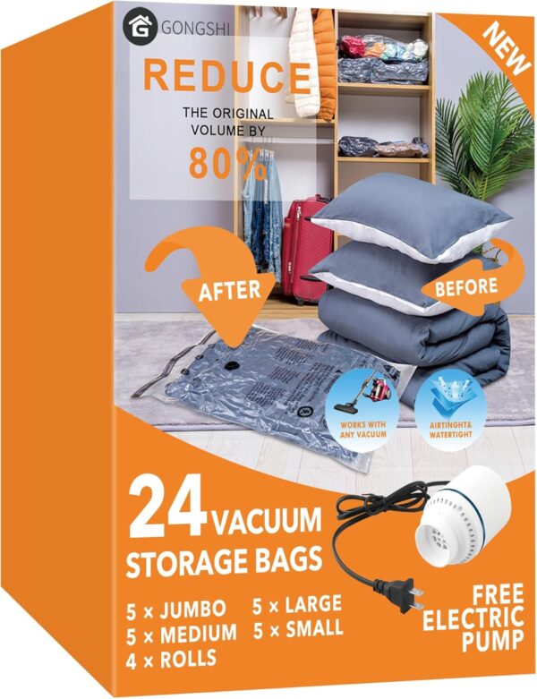 LIMITED TIME DEALS 24 Pack Vacuum Storage Bags with Electric Pump, (5 Jumbo, 5 Large, 5 Medium 21%  OFF
