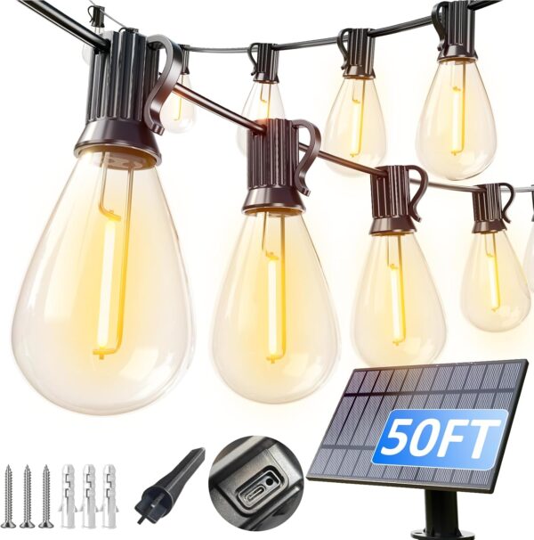 LIMITED TIME DEALS luckystyle 50FT Solar String Lights Outdoor Waterproof with 18+1 LED Bulbs Long Last 70% OFF